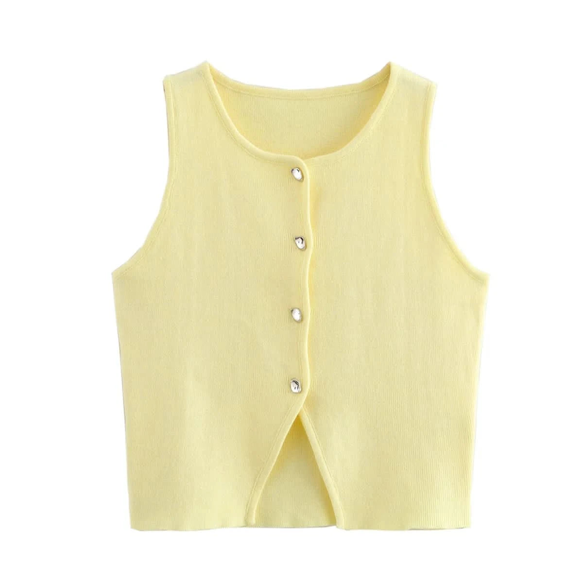 TRAF Pink Knit Sleeveless Vest Women Cropped Sweater Vest Top Women Yellow Button Vests for Women Streetwear Waistcoat Knitwears - M & M Global