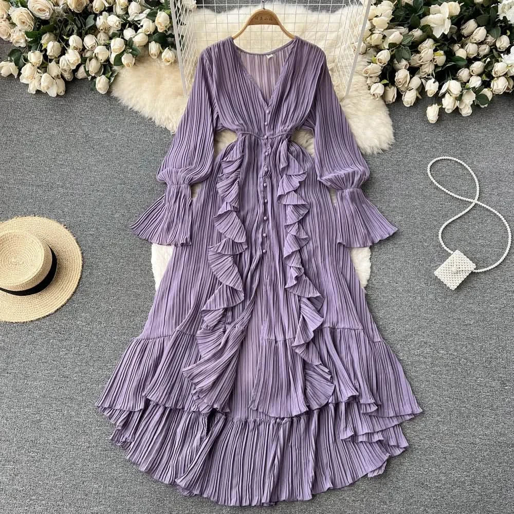 Purple/Brown/Red Chiffon Pleated Long Dress Women Vintage V-Neck Flare Sleeve Draped Ruffle Vestido Female Maxi Robe Spring Fall - M & M Global