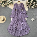 Purple/Brown/Red Chiffon Pleated Long Dress Women Vintage V-Neck Flare Sleeve Draped Ruffle Vestido Female Maxi Robe Spring Fall - M & M Global