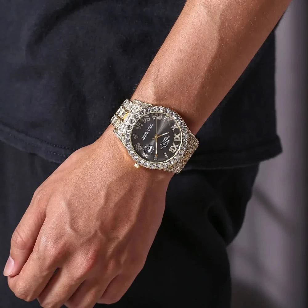 Hip Hop Iced Out Men Watch Full AAA Rhinestone Around Luxury Quartz Watches Round Clock Unisex Wrist Watch Gift For Boyfriend - M & M Global