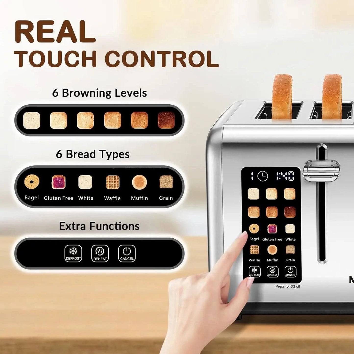 4 Slice Toaster with Touch Screen Control, 4 Wide Slots, Stainless Steel Smart Bread Toaster for Bagels, Muffins, Waffles, Dual - M & M Global