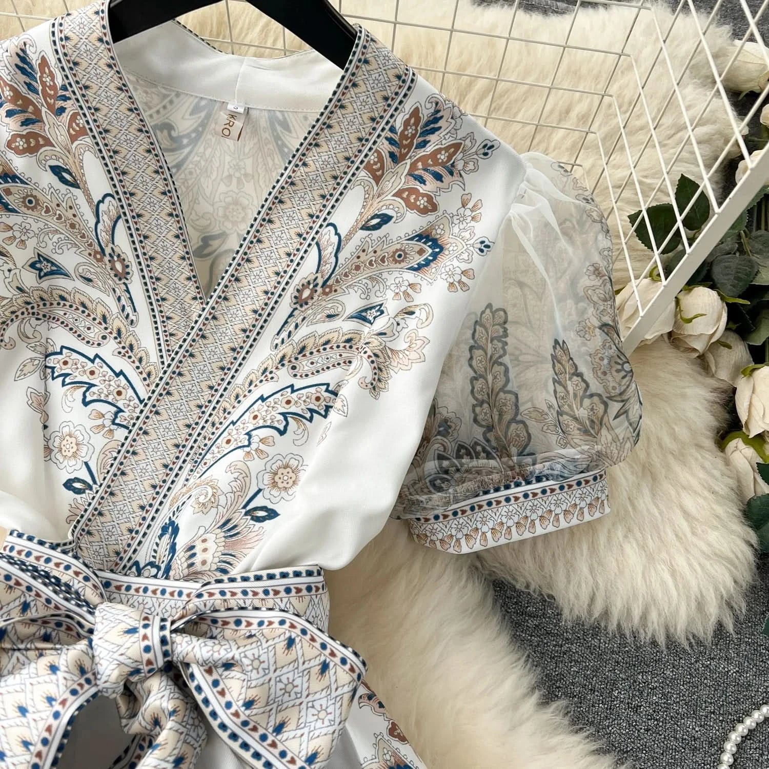 Summer Bohemian Paisley Print Long Dress Women V-Neck Short Puff Sleeve Vintage Print Bandage Lace Up Robe Vestidos Clothes 6237 - M & M Global