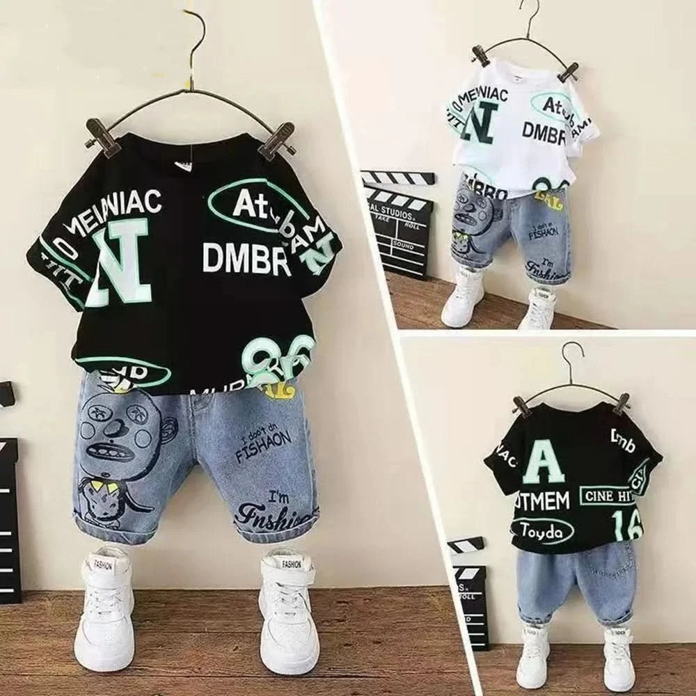 Kids Boys' Summer Set 2023 New Cartoon Boys' Fashionable Children's Clothing Versatile Short Sleeve Two Piece Set Kids Outfits - M & M Global