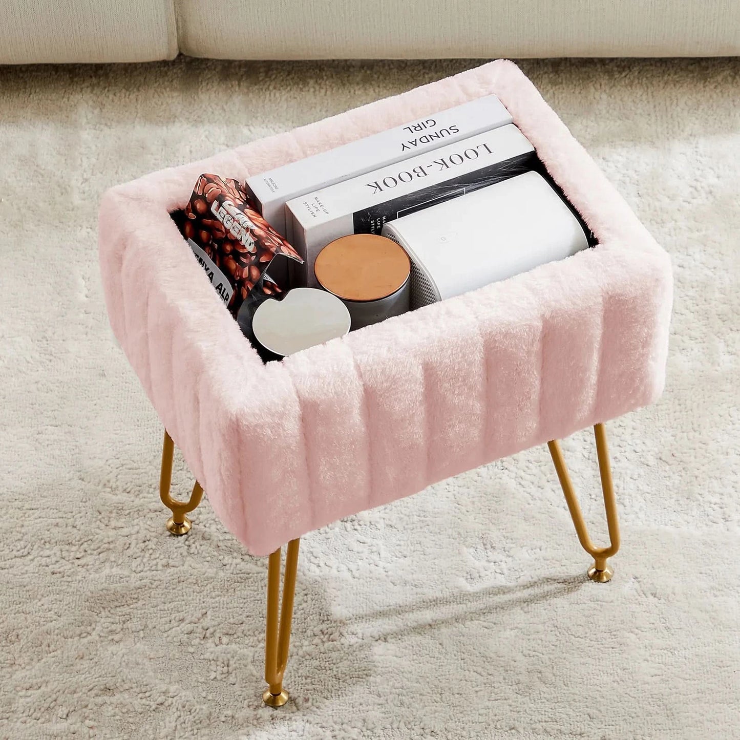 JHK Faux Fur Bedroom seating Hidden Storage Stools Ottomans Padded Makeup with 4 Metal Legs Anti-Slip Adjustable Feet for Home