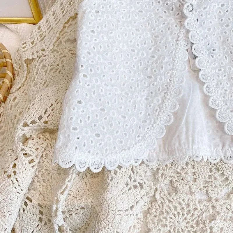 2PCS Kids Sets Summer Girl Clothes Children Hollow Lace Sleeveless Tops Shorts Set Fashion Baby Girl Cardigan Fake Two Suit - M & M Global