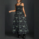 Goth Dark Fairy Grunge Y2k Aesthetic Skull Graphic Dresses Mall Gothic Shirring Lace Up Long Dress Punk A-line Slim Emo Clothing - M & M Global