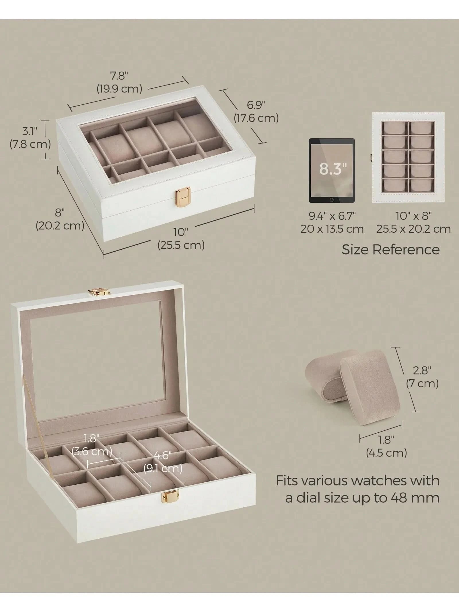 SONGMICS Watch Box, 10-Slot Watch Case with Large Glass Lid, Removable Watch Pillows, Watch Box Organizer, Gift for Loved Ones - M & M Global