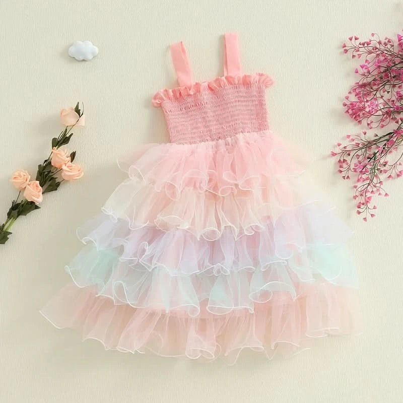 Lioraitiin Baby Kids Girl s Slip Dress  Casual Sleeveless Contrast Color Layered Summer A-line Dress Tulle Princess Dress - M & M Global