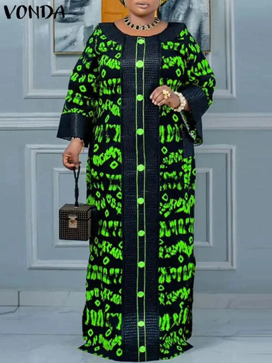 VONDA Women Printed Dress 2024 Vintage Maxi Long Dress Autumn Patchwork Sundress Fashion Elegant Party Vestidos Femme Robe Baggy - M & M Global