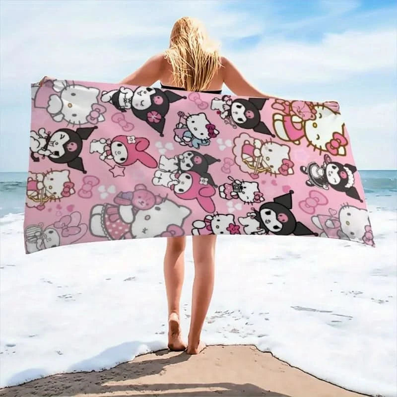 Hello Kitty Red - Pink Swirl Beach TowelMicrofiber terry bath towels for yoga, travel, swimming, fitness and camping - M & M Global