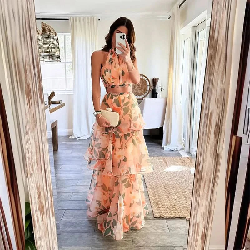 Spring Printed Hollow Boho Long Dress Women Elegant Tunic Mesh Lace Cake Party Dress Summer Halter Sleeveless Holiday Maxi Dress - M & M Global