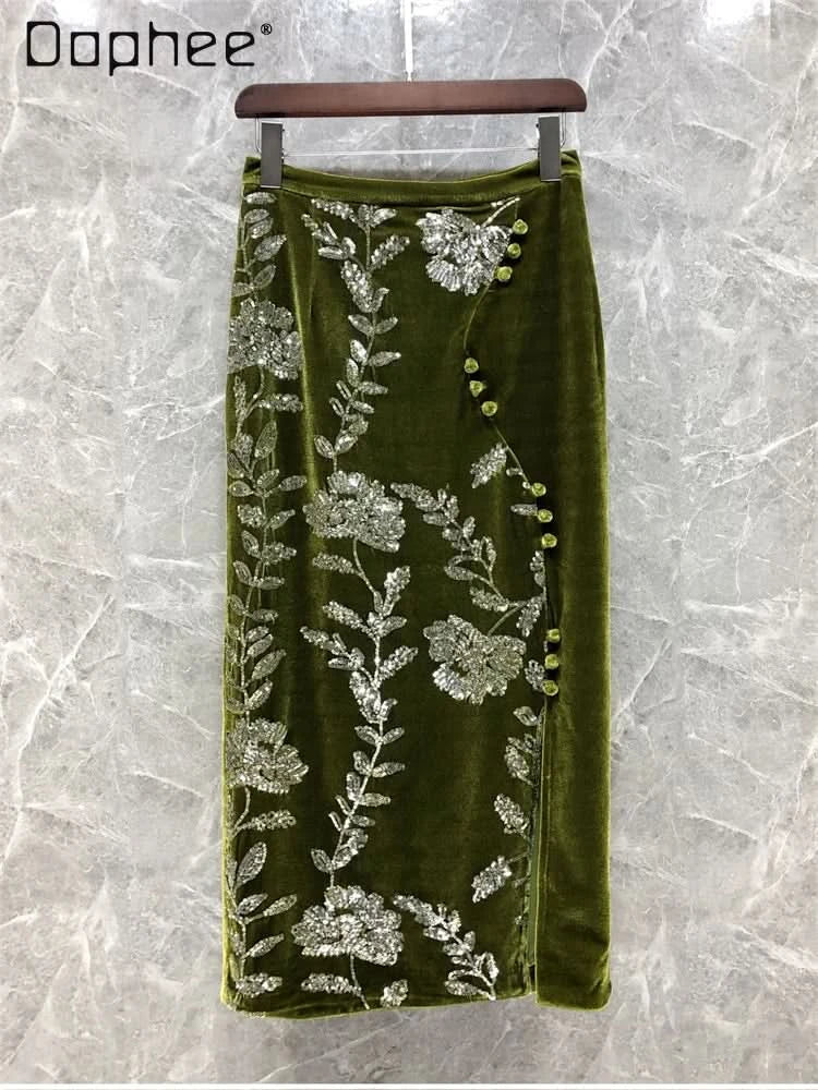 Retro Green Velvet Split Skirt Women Sequin Floral Heavy Industry High Waist A Line Long Dress Elegant Mid Length Skirt Fashion - M & M Global