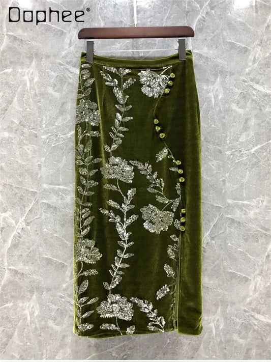 Retro Green Velvet Split Skirt Women Sequin Floral Heavy Industry High Waist A Line Long Dress Elegant Mid Length Skirt Fashion - M & M Global
