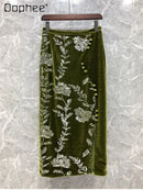 Retro Green Velvet Split Skirt Women Sequin Floral Heavy Industry High Waist A Line Long Dress Elegant Mid Length Skirt Fashion - M & M Global