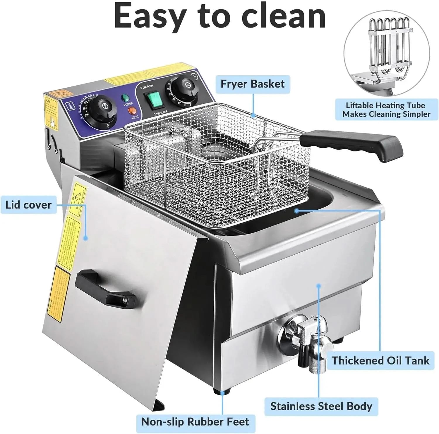 Commercial Electric Deep Fryer 11.7L 1500W Fryer w/Time Control and Oil Filtration Single Removable Basket Stainless Steel Count - M & M Global