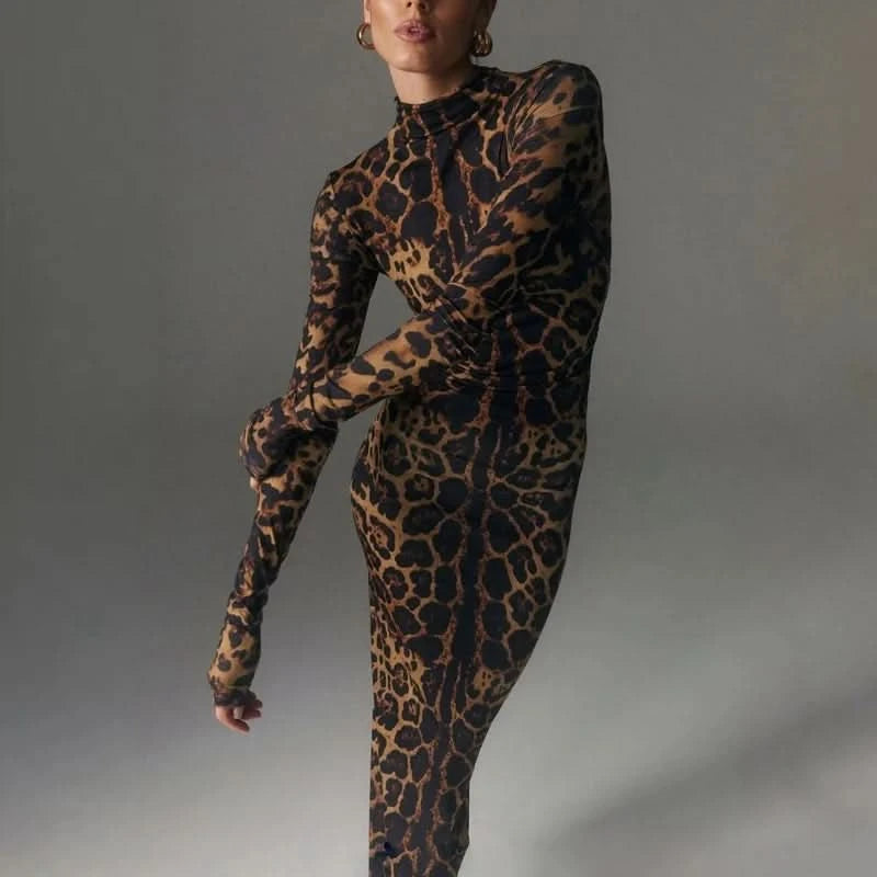 Print Leopard Print Slim Long Dress Women's Fashion Long Sleeve Sexy Party Dress Summer Street Leopard Print Long Dress 2024 New - M & M Global