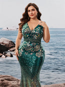 Plus Size Elegant V-Neck Sequins Evening Dresses Long New Luxury Women Formal Mermaid Wedding Party Cocktail Gowns