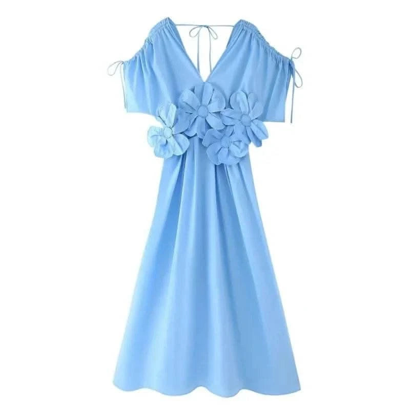 Blue V-Neck Waist-Fitted Bow-Decored Long Dress For Women Fashionable And Elegant European And American Style - M & M Global