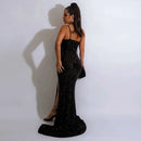 CM.YAYA Women Sequined Tassel Front Spaghetti Strap Sleeveless High Side Slit Maxi Long Dress 2023 Evening Sexy Party Dresses - M & M Global