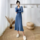 Lucyever Elegant Knitted Long Dress for Women Korean Chic Buttons Slim Fit Midi Dresses Female Streetwear V Neck Party Vestidos - M & M Global