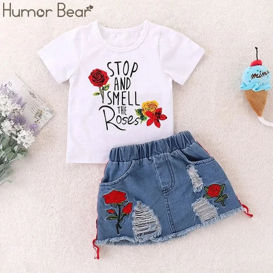 Humor Bear Girls Suit Summer Children's Clothes Suit Embroidery Letter Print Short sleeve+skirt Set Toddler Christmas Outfits - M & M Global