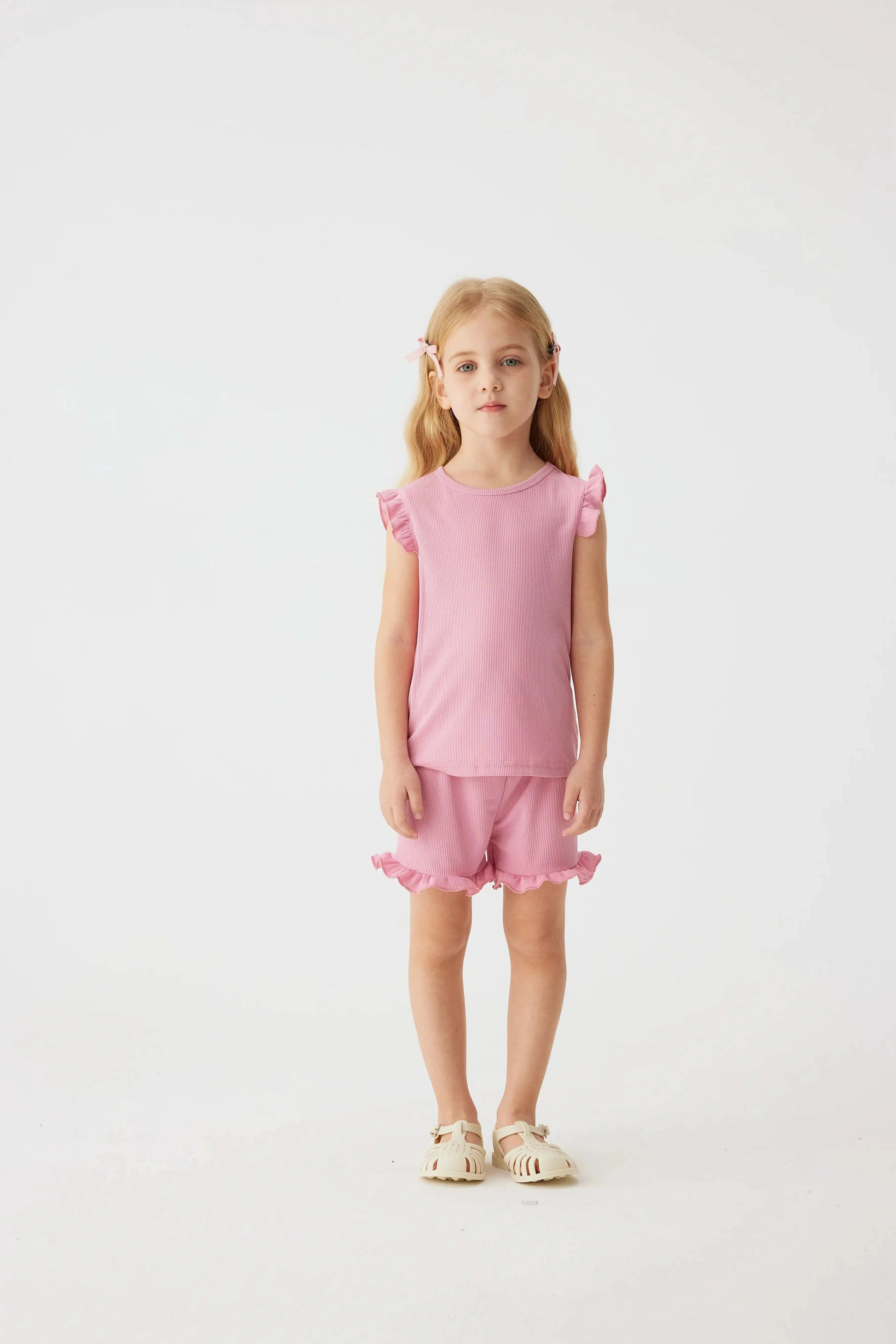 2024 Summer Hot selling Little Girl Daily Casual Clothing Minimalist Little Girl Polyester Set Cool Sleeveless Shorts Set Girl - M & M Global