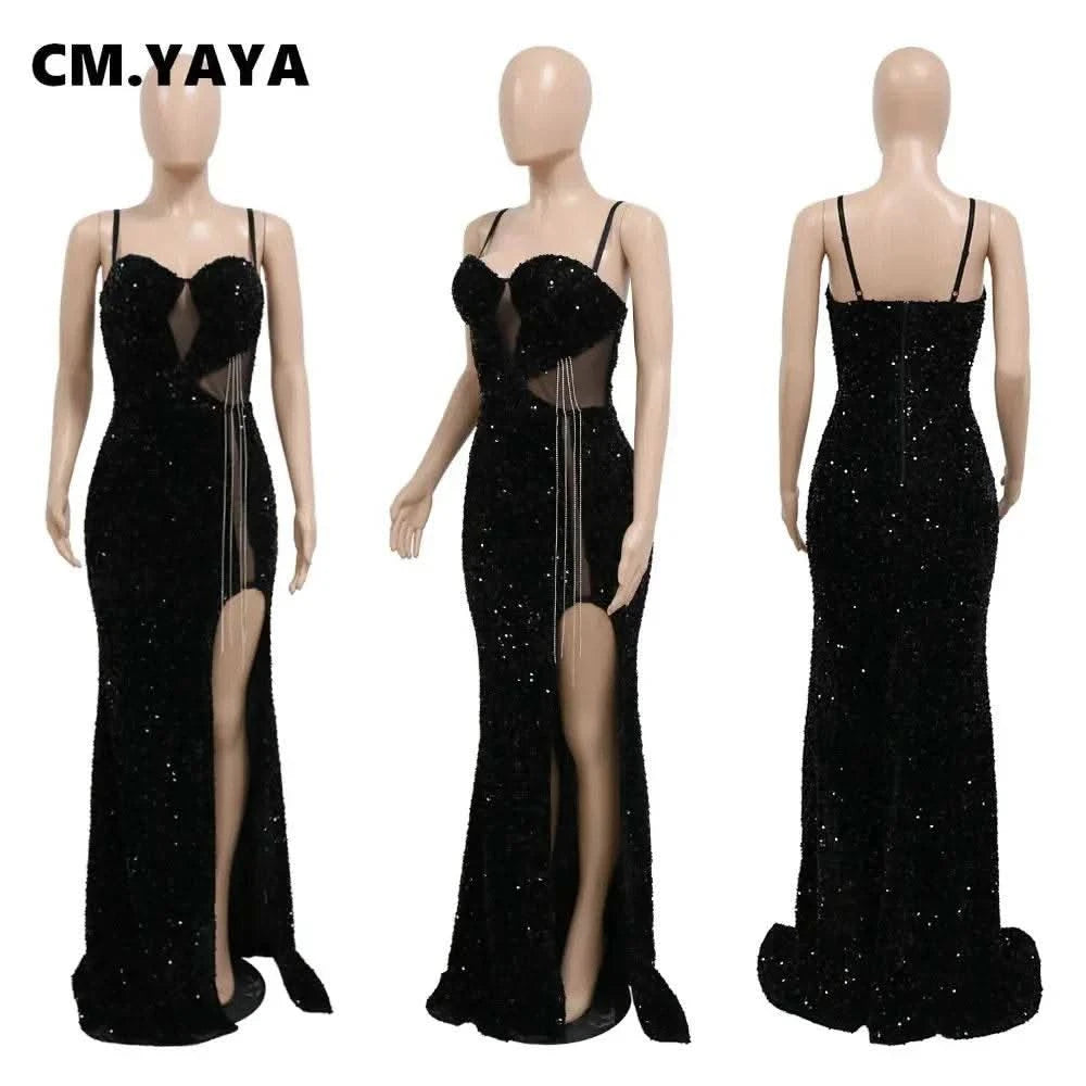CM.YAYA Women Sequined Tassel Front Spaghetti Strap Sleeveless High Side Slit Maxi Long Dress 2023 Evening Sexy Party Dresses - M & M Global