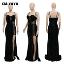CM.YAYA Women Sequined Tassel Front Spaghetti Strap Sleeveless High Side Slit Maxi Long Dress 2023 Evening Sexy Party Dresses - M & M Global