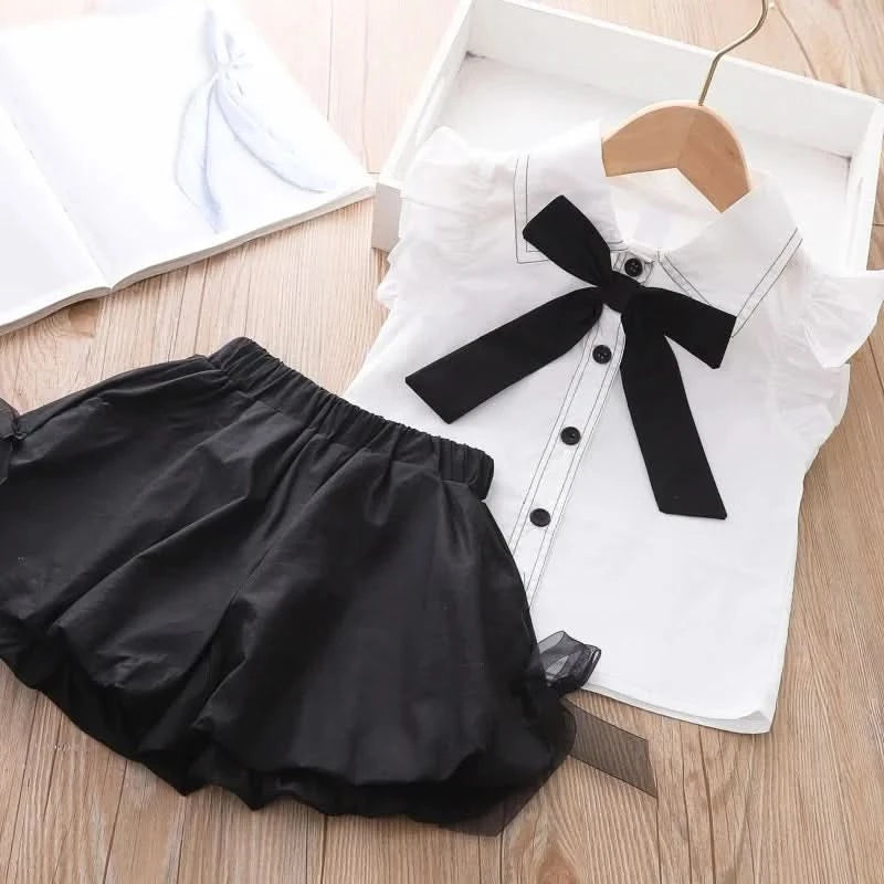 Girls Summer Casual Set Summer Vacation Bow Top + Shorts 2 Piece Set Children Clothes Girl - M & M Global