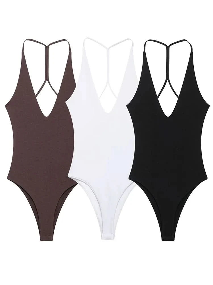 TFMLN Women Solid Bodysuit Sexy Backless Fashion Slim Women Top Chic V Neck Sling Body Suits Summer Female  High Street Outwear - M & M Global