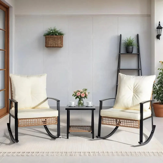 3-Piece Outdoor Rocking Bistro Set, Patio Furniture Set w/Soft Thick Cushions & 2-Tier Coffee Table, Rattan Conversation