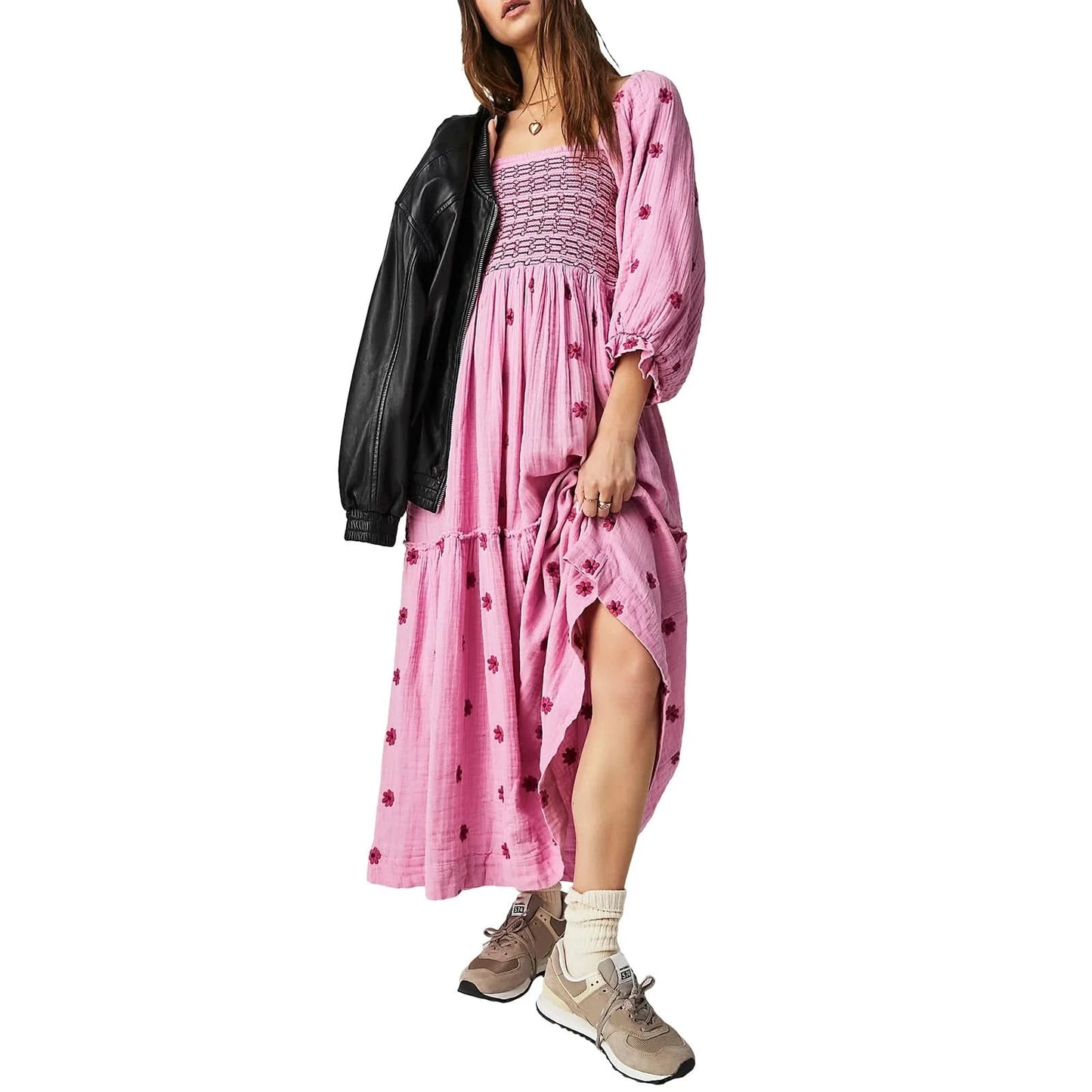Women's Flower Embroidered Long Dress Bodycon Lantern Sleeve Square Neck Tiered Flowy Dress Bohemian Summer Beachwear Dresses - M & M Global