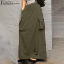 ZANZEA 2024 Vintage Cargo Maxi Skirts Women Elegant Loose Jupes Office Big Pockets Jupes Autumn Elastic Waist Skirts Streetwear