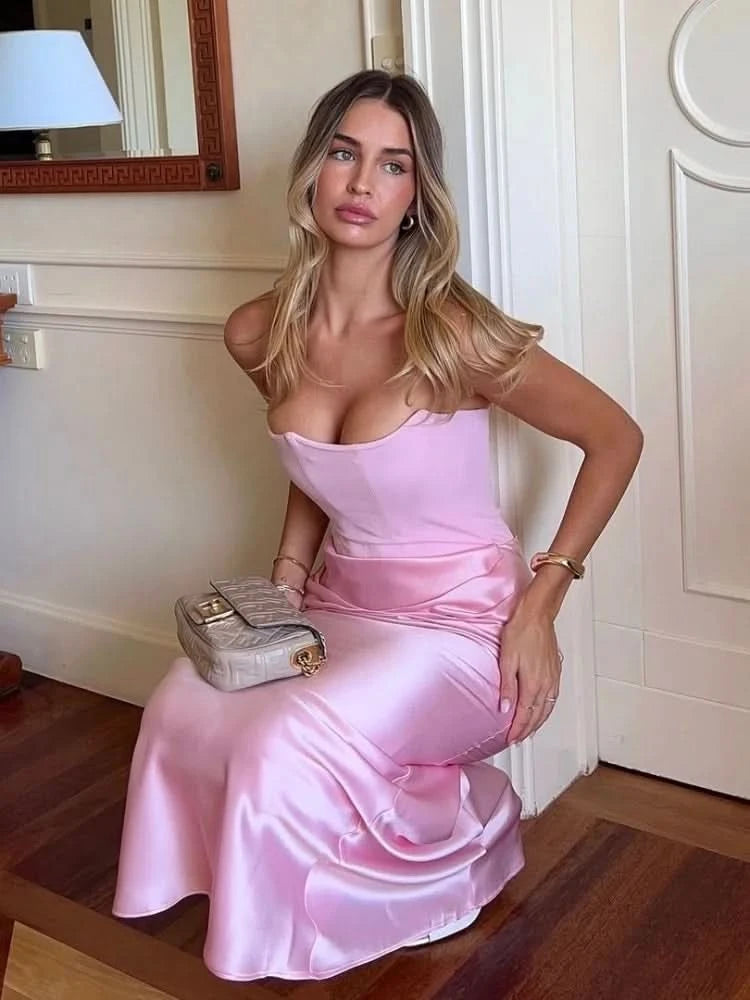 Sexy Strapless Patchwork Long Dress Women Slim Sleeveless Pleated Mermaid Dresses 2025 Spring Summer Lady Evening Solid Robe - M & M Global