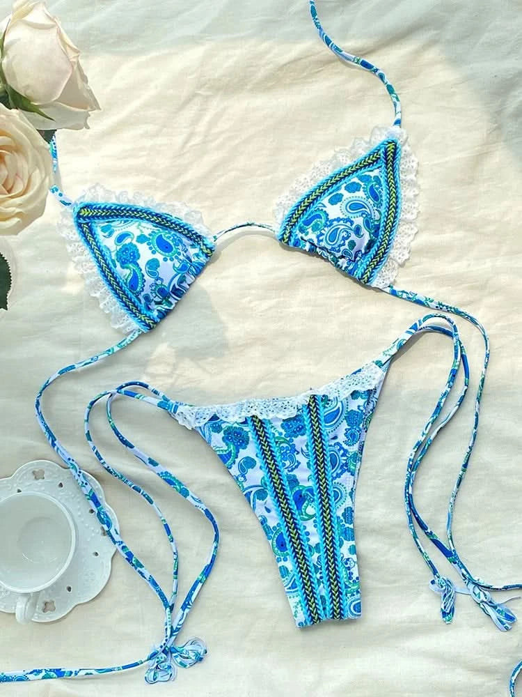 ZRTAK Sexy Swimwear Women Bikini String Swimming Suit For Women Bathing Suit Micro Folds Hight Cut Lace Halter Bikinis Set - M & M Global