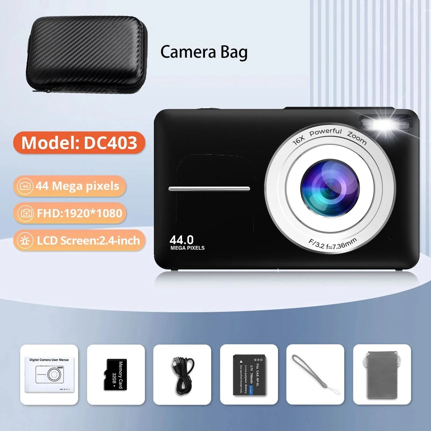 HD 1080P 2.4 inch digital Camera Rechargeable Cameras with 16x Zoom Compact Camera 44MP Cameras for kids Beginner Camera - M & M Global
