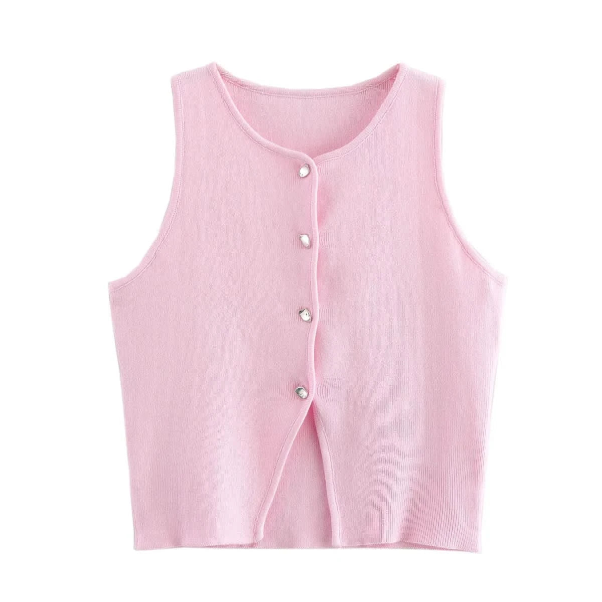 TRAF Pink Knit Sleeveless Vest Women Cropped Sweater Vest Top Women Yellow Button Vests for Women Streetwear Waistcoat Knitwears - M & M Global