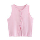 TRAF Pink Knit Sleeveless Vest Women Cropped Sweater Vest Top Women Yellow Button Vests for Women Streetwear Waistcoat Knitwears - M & M Global