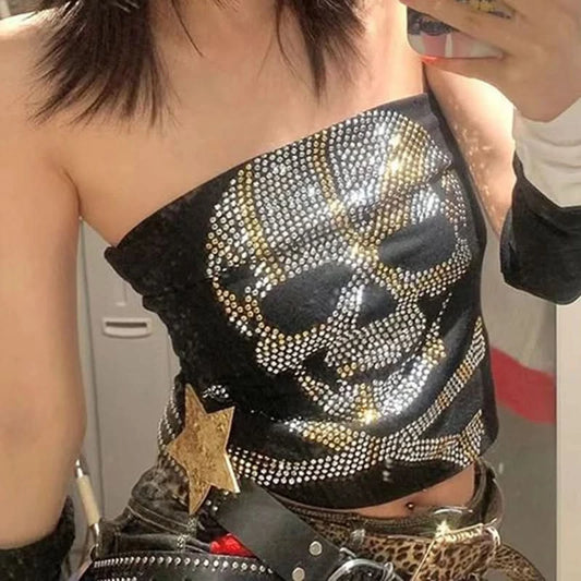 Punk Y2k Tank Top Harajuku Rhinestone Casual Sleeveless Top Rock Gothic Retro Halter top Hip Hop Streetwear Crop top EMO Sling - M & M Global