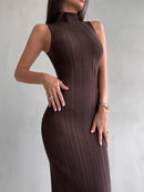 Tossy Sleeveless Knitwear Turtleneck Long Dress Female Slim Elegant Fashion Autumn 2023 Ribbed Knit Dress For Women Maxi Dress - M & M Global