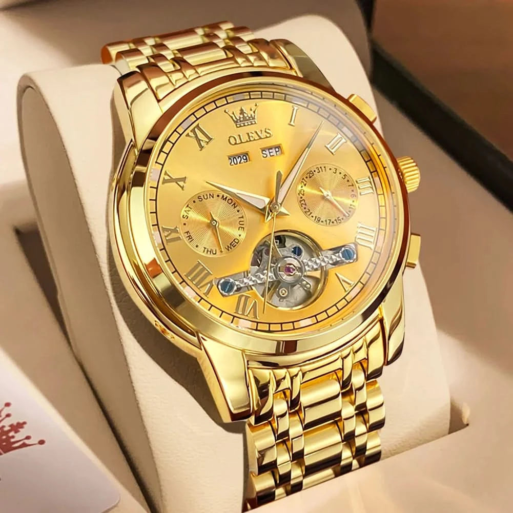 OLEVS Men's Watches Automatic Mechanical Business Wristwatch Waterproof Stainless Steel Strap Watch for Man Skeleton Calendar - M & M Global