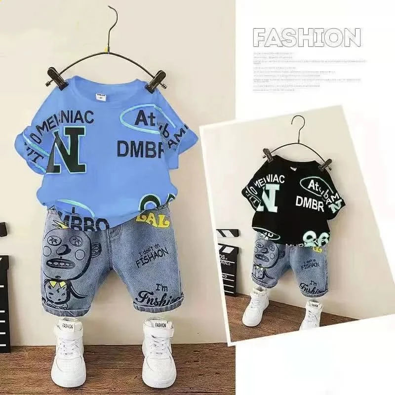 Kids Boys' Summer Set 2023 New Cartoon Boys' Fashionable Children's Clothing Versatile Short Sleeve Two Piece Set Kids Outfits - M & M Global