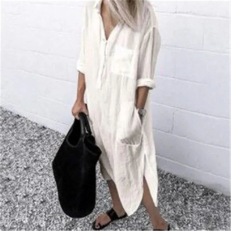 Spring Summer Women's Solid Color Loose Split Shirt Midi Dress Elegant Casual Button Pocket V-Neck Long Sleeve Long Dress 2024 - M & M Global