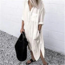 Spring Summer Women's Solid Color Loose Split Shirt Midi Dress Elegant Casual Button Pocket V-Neck Long Sleeve Long Dress 2024 - M & M Global