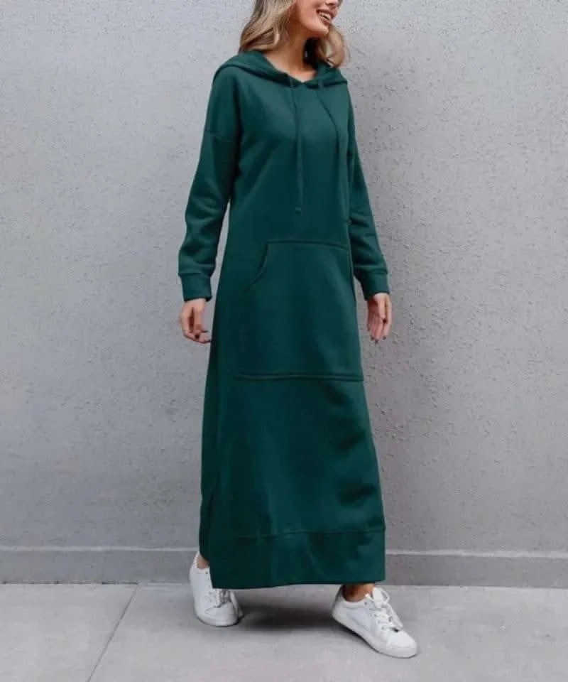 Autumn and Winter New Loose Size Knitted Hooded Long Dress Plush Casual Fashion Dress Large Pocket Skirt Women's Wear - M & M Global