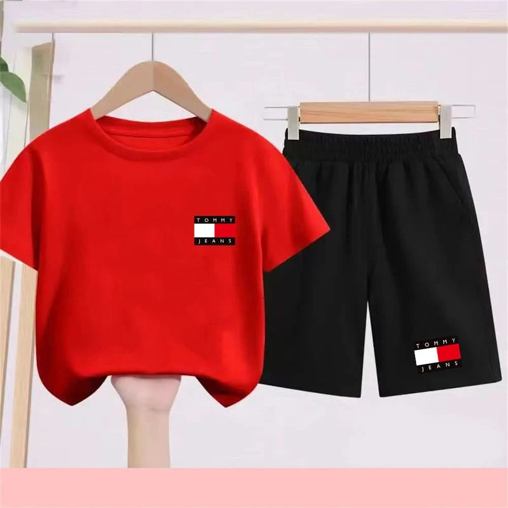 Kids Short sleeve Fashion T-shirt Boys Girls Toddler 3-12Yrs Tops and bottom Sunshine Casual Set outdoor sport black Clothes - M & M Global