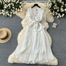 Designer 2025 Summer Pleated Chiffon Lace Long Dress Women Flower Embroidery Gold Button Belt Evening Party Dresses Wedding Robe - M & M Global