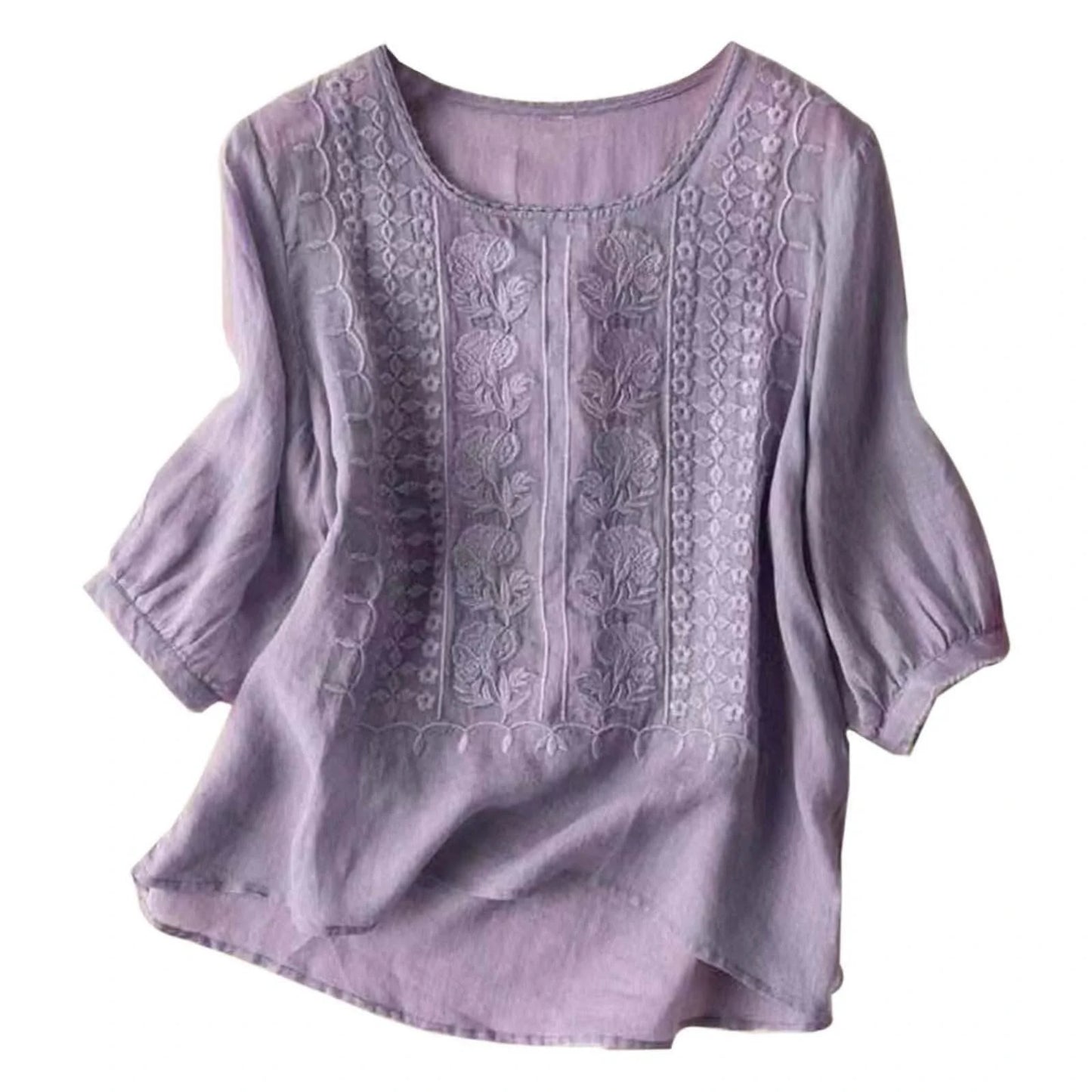 Cotton Linen Blended Summer Blouse Women Embroidered Floral Thin Long Sleeve Blouses Round Neck Loose Female Top - M & M Global