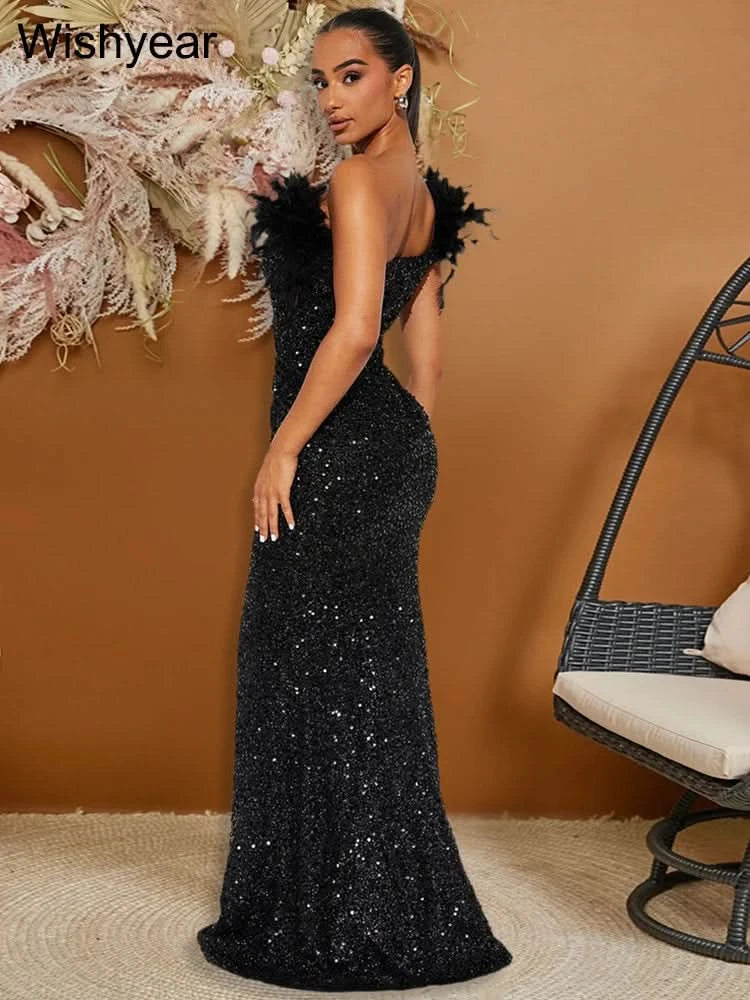 New Luxury Sequined Feather One Shoulder Sleeveless Slanted Collar Backless Purple Long Dress  Women Birthday Party Event Gowns - M & M Global