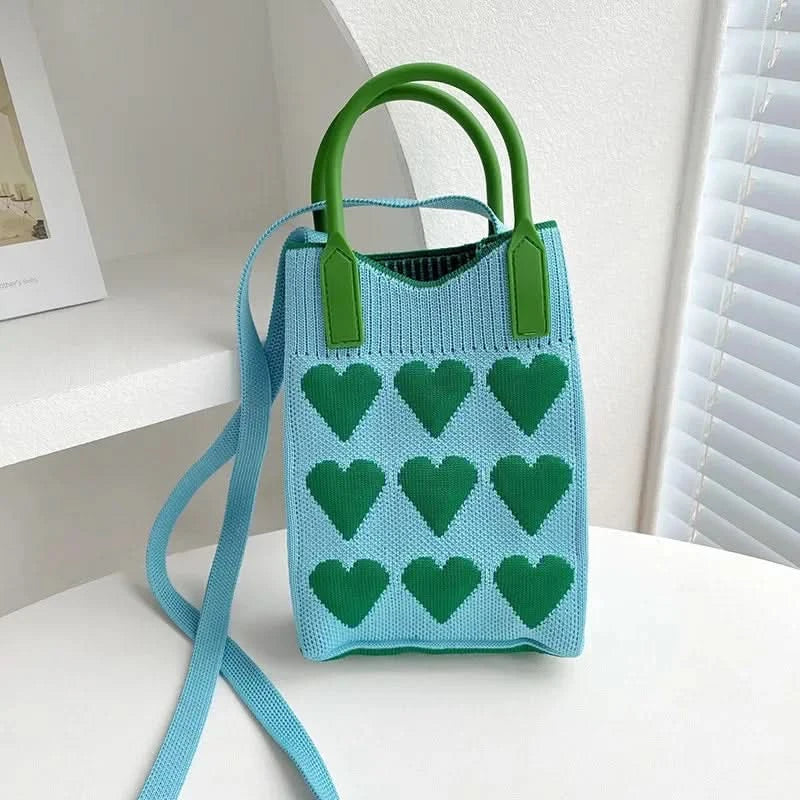 Korean Fashion Heart Knitted Mini Square Handbag for Women Small Mobile Phone Shoulder Bags Girls Cute Outdoor Crossbody Bags - M & M Global